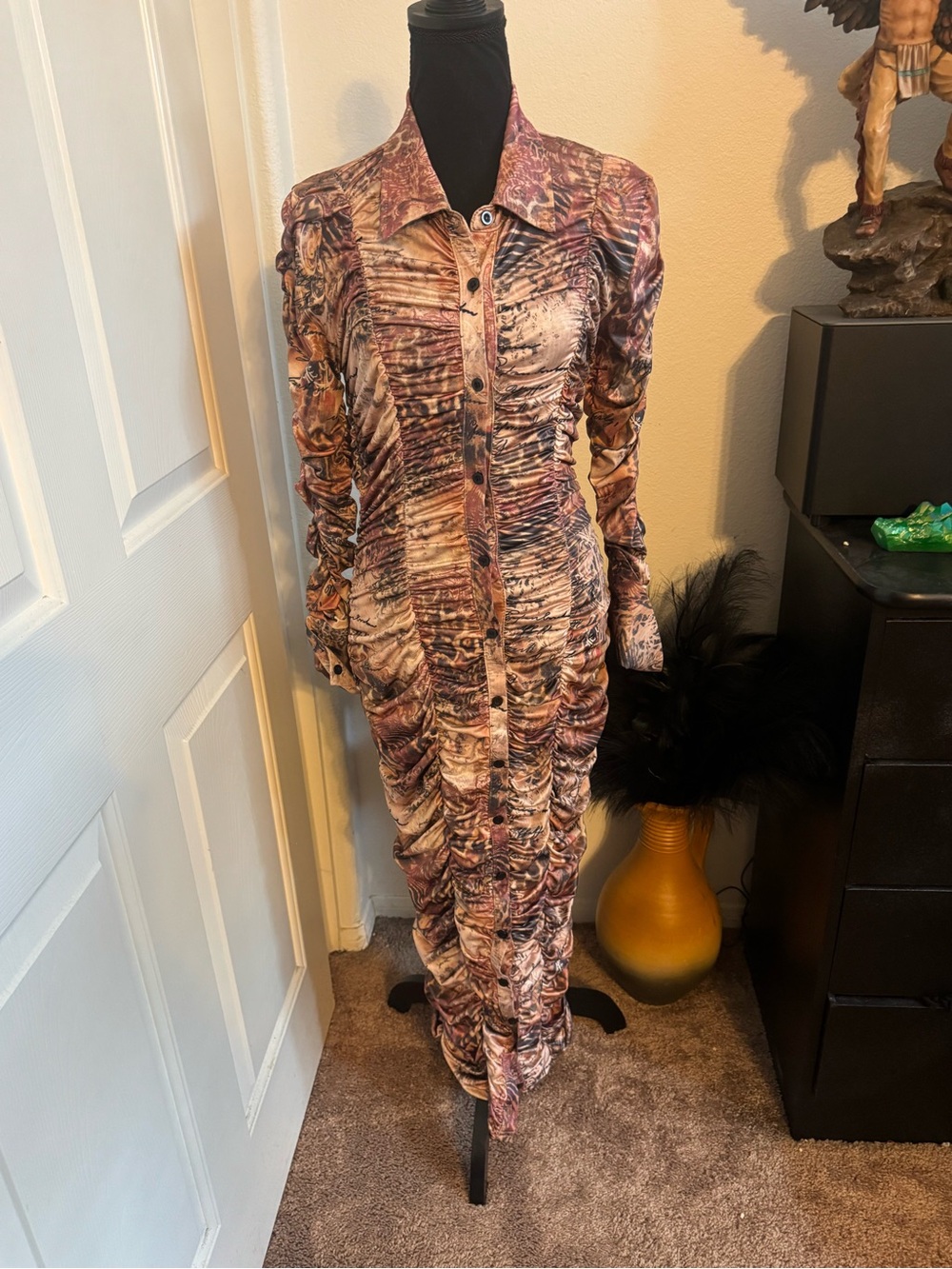 Fashion Nova Brown Multi Ruched Long Sleeve Maxi Dress